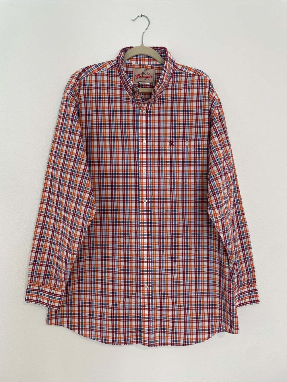 Wrangler Men's Red, Orange + Blue Plaid Button-Down Shirt Cowboy Rodeo Cotton